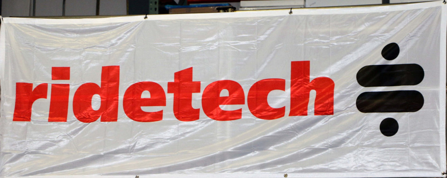 Banner  White W/ Red And Black Ridetech. 3ft X 8ft.