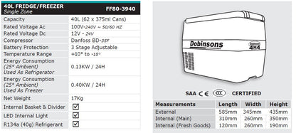Dobinsons 4x4 40L 12V Portable Fridge Freezer with FREE cover